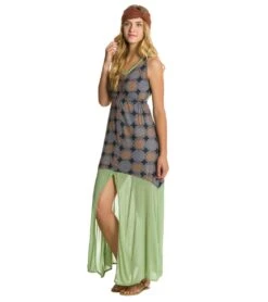 Yak & Yeti Journey Print Front Slit Maxi Gray/Olive